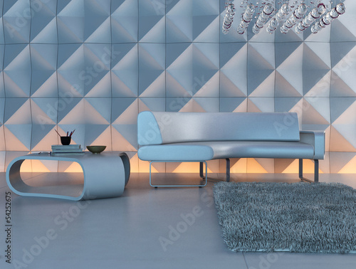 Illustration: Modern white couch in front of illuminated design wall Modern white couch in front of illuminated design wall