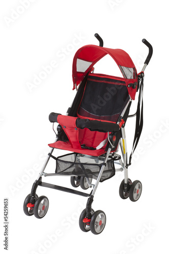 Photo: A cute red baby pram isolated on white background A cute red baby pram isolated on white background