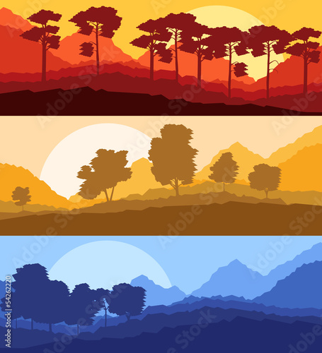 Vector: Forest trees silhouettes landscape illustration Forest trees silhouettes landscape illustration