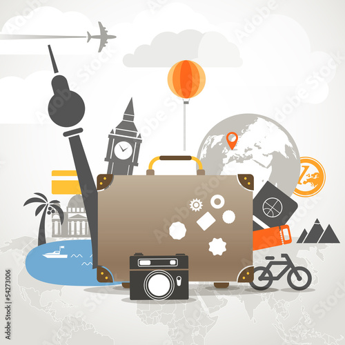 Vector: Vacation travelling composition concept with old bag Vacation travelling composition concept with old bag