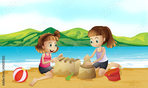 Vector: Two friends making a castle at the beach Two friends making a castle at the beach