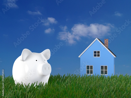 Illustration: Piggy bank - lawn with blue house Piggy bank - lawn with blue house