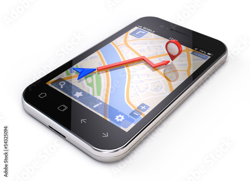 Illustration: Mobile gps concept - smartphone navigation isolated on white Mobile gps concept - smartphone navigation isolated on white