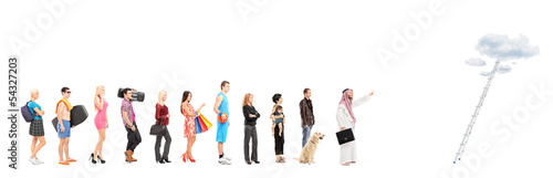 Photo: People in a queue waiting to climb a ladder with clouds People in a queue waiting to climb a ladder with clouds