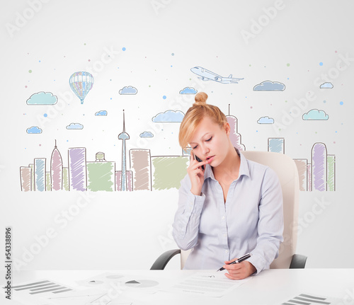 Photo: Pretty businesswoman with colorful city sky-scape background Pretty businesswoman with colorful city sky-scape background