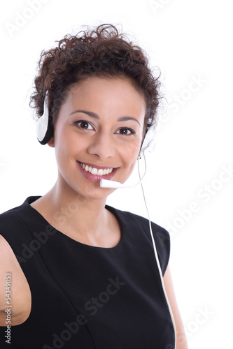 Photo: Gesicht einer brünetten schönen lachenden Frau mit Headset Gesicht einer brünetten schönen lachenden Frau mit Headset