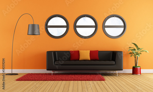 Illustration: Modern living room with black couch Modern living room with black couch