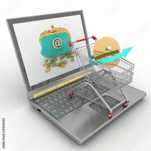 Illustration: Shopping cart and laptop Shopping cart and laptop