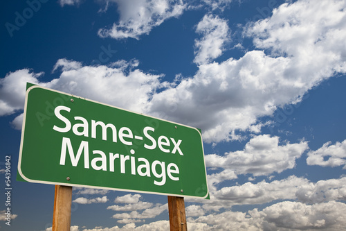 Photo: Same-Sex Marriage Green Road Sign and Clouds Same-Sex Marriage Green Road Sign and Clouds
