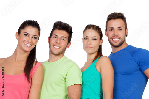 Photo: Happy friends with colored sportswear Happy friends with colored sportswear