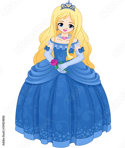 Vector: Beautiful princess with blonde hair in a blue long dress. Beautiful princess with blonde hair in a blue long dress.
