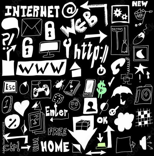 Illustration: Doodle Internet and web icons, hand drawn background and texture Doodle Internet and web icons, hand drawn background and texture