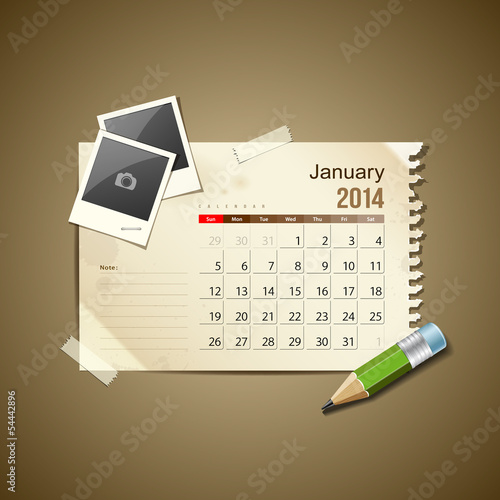 Vector: Calendar January 2014, vintage paper note, vector Calendar January 2014, vintage paper note, vector