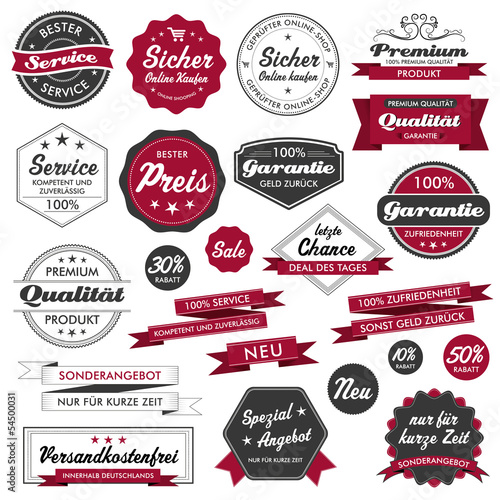 Vector: Button Siegel Premium Set Angebot Sale Service Qualität Logo rot Button Siegel Premium Set Angebot Sale Service Qualität Logo rot