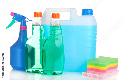 Photo: canister with liquid and detergent bottles isolated on white canister with liquid and detergent bottles isolated on white