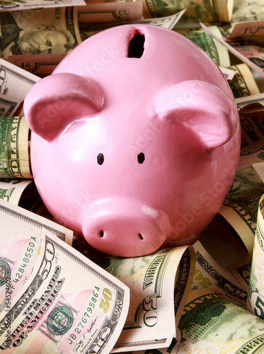 Photo: piggy bank on dollars piggy bank on dollars