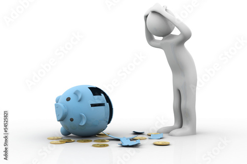 Illustration: Broken piggybank with dollar. Depressed business man Broken piggybank with dollar. Depressed business man
