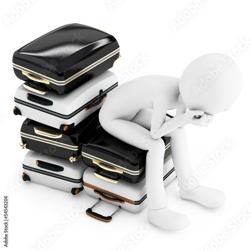 Illustration: 3d man thinking where to travel, sitting on a pile of suitcases 3d man thinking where to travel, sitting on a pile of suitcases