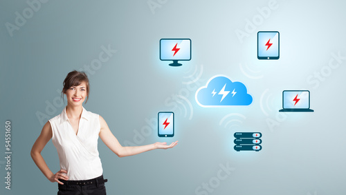 Photo: Young woman presenting cloud computing network Young woman presenting cloud computing network