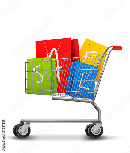 Vector: Shopping bags with sale in shopping cart. Concept of discount. V Shopping bags with sale in shopping cart. Concept of discount. V