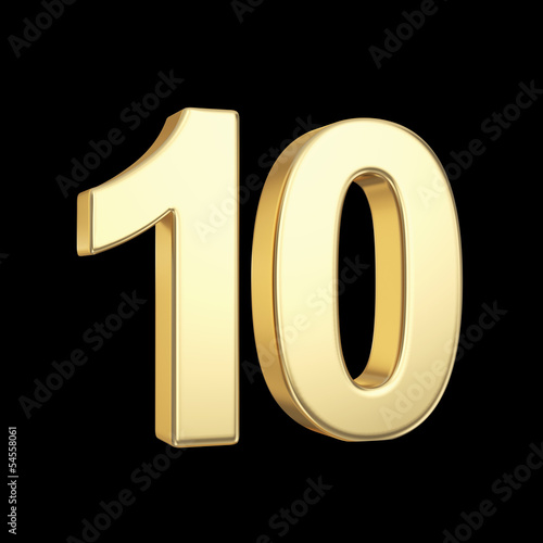 Illustration: Number ten - golden number isolated on black with clipping path Number ten - golden number isolated on black with clipping path