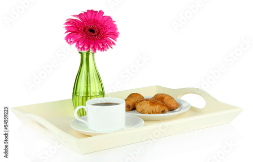 Photo: Wooden tray with breakfast, isolated on white Wooden tray with breakfast, isolated on white