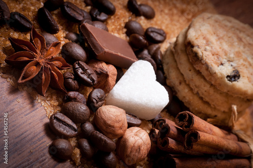 Photo: Various kinds of sugar, nuts and coffee beans Various kinds of sugar, nuts and coffee beans