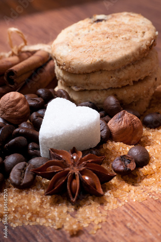 Photo: Various kinds of sugar, nuts and coffee beans Various kinds of sugar, nuts and coffee beans