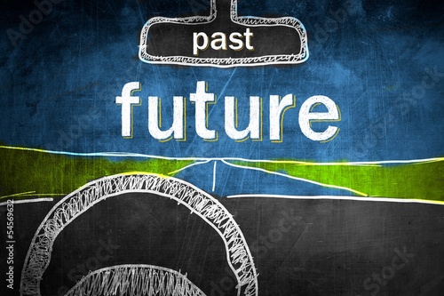 Photo: Past and future concept inside car, chalk sketch Past and future concept inside car, chalk sketch
