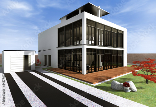 Illustration: Haus mit Dachterrasse in weiß Haus mit Dachterrasse in weiß