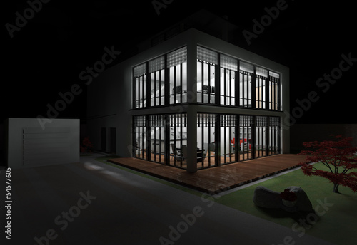 Illustration: Haus mit Dachterrasse in weiß bei Nacht Haus mit Dachterrasse in weiß bei Nacht