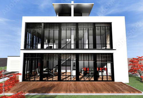 Illustration: Haus mit Dachterrasse in weiß Haus mit Dachterrasse in weiß