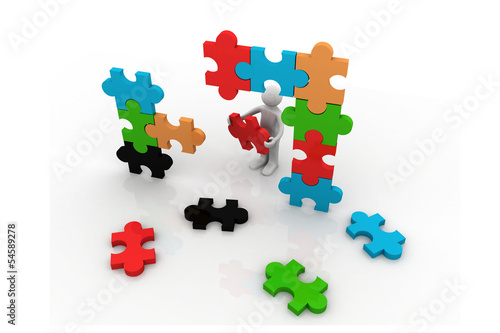 Illustration: 3d man building a puzzle. 3d man building a puzzle.