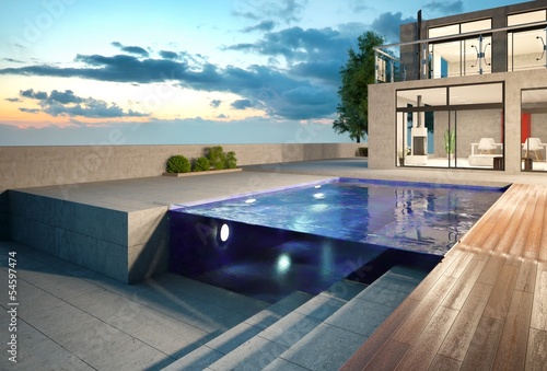 Illustration: Villa and Pool in the Evening Villa and Pool in the Evening