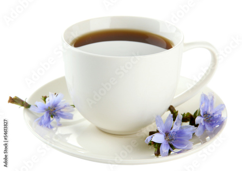 Photo: Cup of tea with chicory, isolated on white Cup of tea with chicory, isolated on white