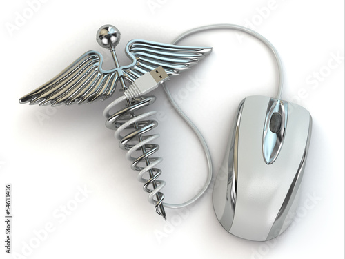 Illustration: Concept of medicine online. Caduceus sign and mouse. Concept of medicine online. Caduceus sign and mouse.