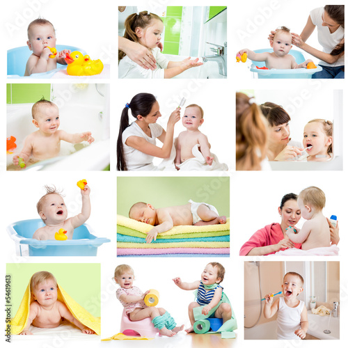 Photo: Collection of babies or kids at bath-time. Hygiene concept for l Collection of babies or kids at bath-time. Hygiene concept for l