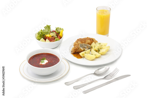 Photo: substantial dinner - soup, salad, mashed potatoes and juice substantial dinner - soup, salad, mashed potatoes and juice