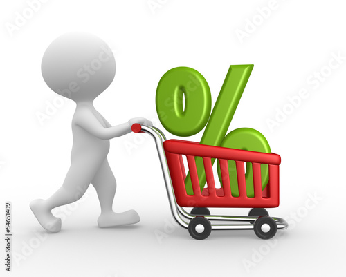 Illustration: 3d people - man, person with a shopping car and percent sign 3d people - man, person with a shopping car and percent sign