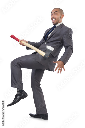 Photo: Funny businessman with axe on white Funny businessman with axe on white