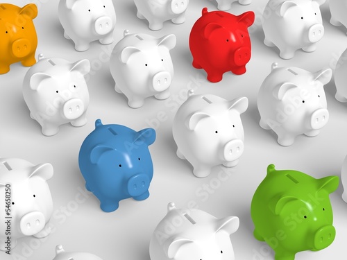Illustration: Piggy bank - grid with colored pigs Piggy bank - grid with colored pigs
