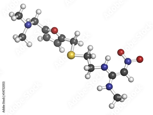 Illustration: Ranitidine peptic ulcer disease drug, chemical structure. Ranitidine peptic ulcer disease drug, chemical structure.