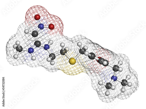 Illustration: Ranitidine peptic ulcer disease drug, chemical structure. Ranitidine peptic ulcer disease drug, chemical structure.
