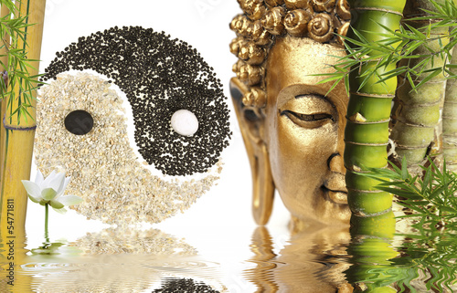 Fototapeta décor zen : Bouddha, bambou, symbole yin yang