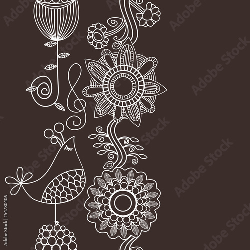 Vector: Flowers and bird singing vertical seamless pattern, border decor Flowers and bird singing vertical seamless pattern, border decor