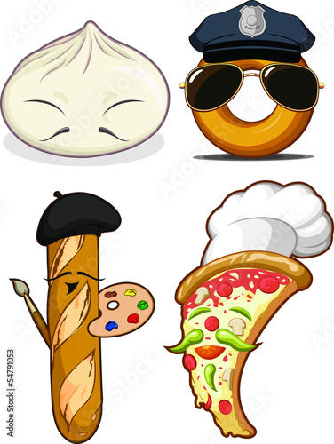 Vector: Chinese Bun, French Bread, Pizza Chef & Police Doughnut Chinese Bun, French Bread, Pizza Chef & Police Doughnut