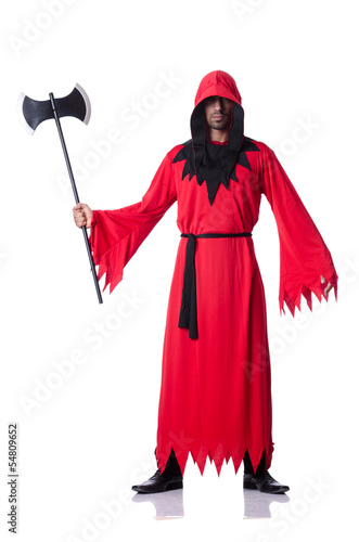 Photo: Executioner in red costume with axe on white Executioner in red costume with axe on white