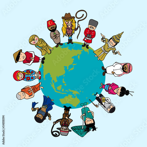 Vector: Diversity concept, people cartoons over planet earth with distin Diversity concept, people cartoons over planet earth with distin