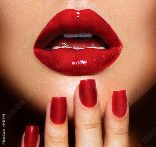  Red Sexy Lips and Nails closeup. Manicure and Makeup