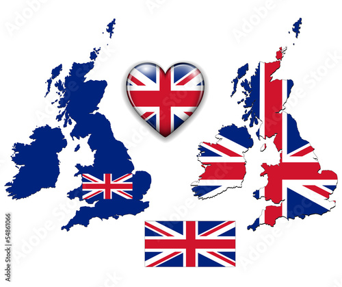 Vector: United Kingdom, England flag, map set. United Kingdom, England flag, map set.